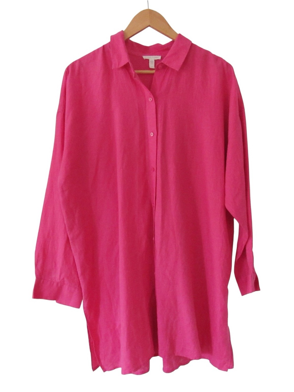 Eileen Fisher Hot Pink Long Sleeve Button Down Shirt Tunic Medium Organic Linen